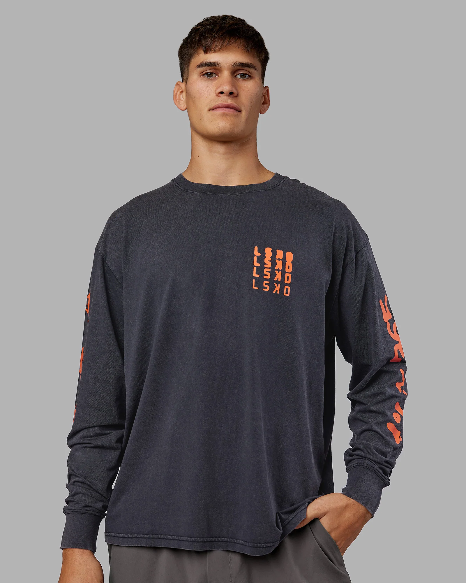 Inferno Journey FLXCotton Oversized Long Sleeve Tee - Washed Black-Ultra Orange 4 Inferno Journey FLXCotton Oversized Long Sleeve Tee - Washed Black-Ultra Orange