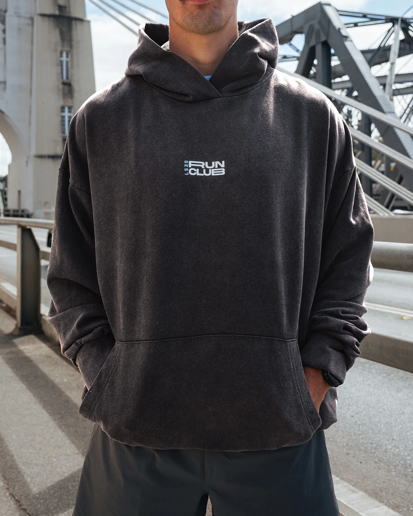 Runner’s Unisex Oversized Hoodie - Black Washed-White